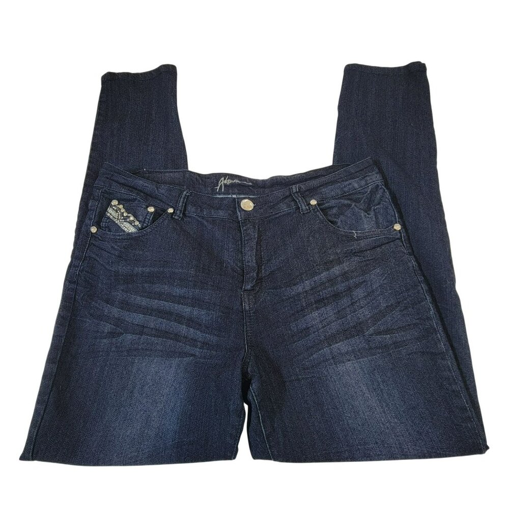 At Seven Denim Jeans, Women 16, Dark Wash,Embelleshed Pockets, Straight Leg, EUC